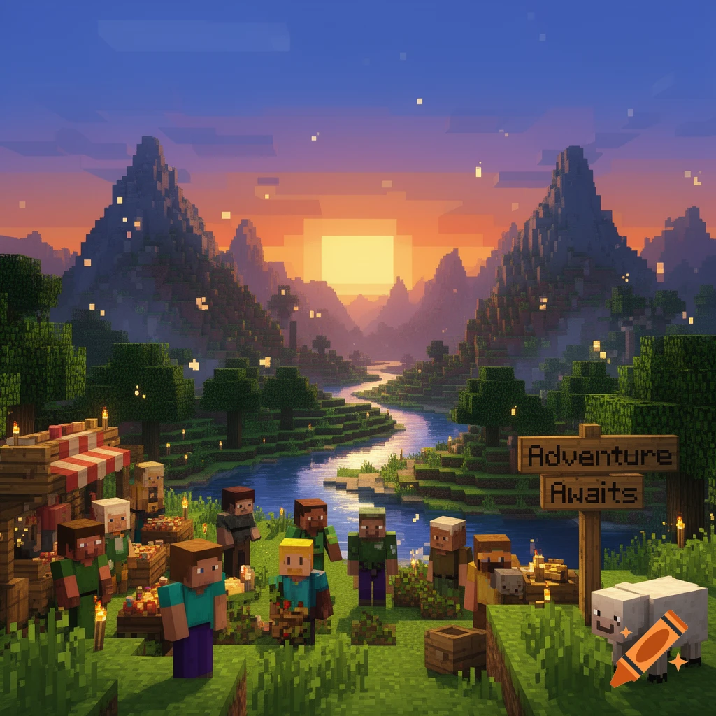 Minecraft-style scene with blocky characters gathered near a market stall, a river, and mountains at sunset. A sign reads 'Adventure Awaits'.