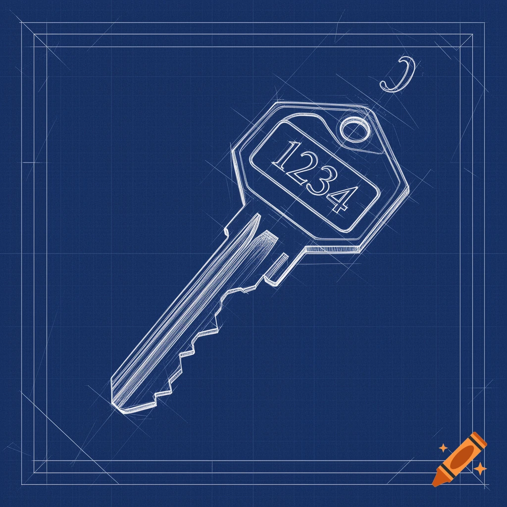 A blueprint-style drawing of a key with the number 1234 engraved on it, set against a blue grid background.