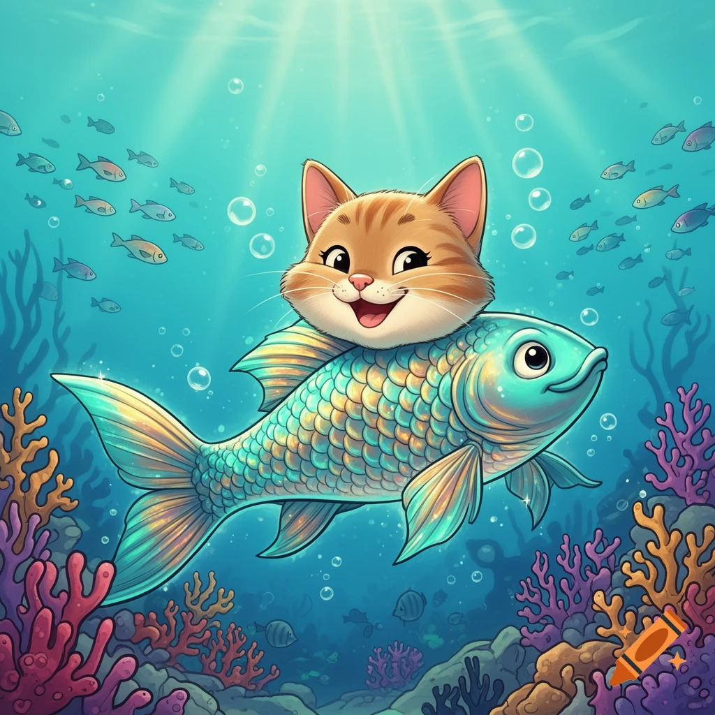 A smiling, cartoonish cat's head on a fish's body swims underwater among colorful coral and schools of fish.