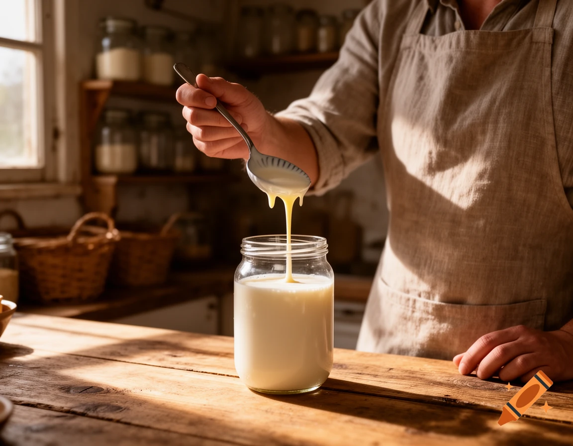 A person in an apron pours a creamy liquid from a spoon into a glass jar on a rustic wooden table in a sunlit kitchen.