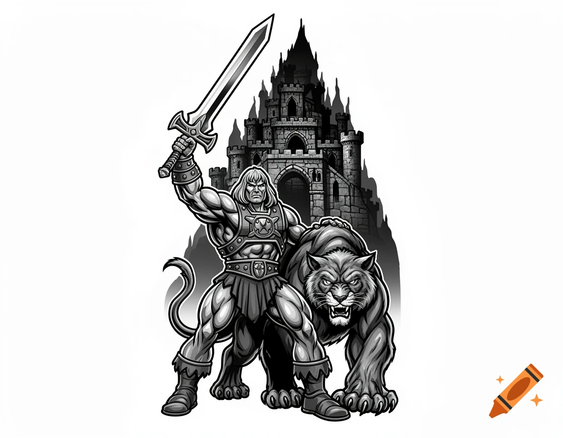 Monochrome comic art of He-Man with a sword, Battle Cat, and Castle Grayskull in the background.