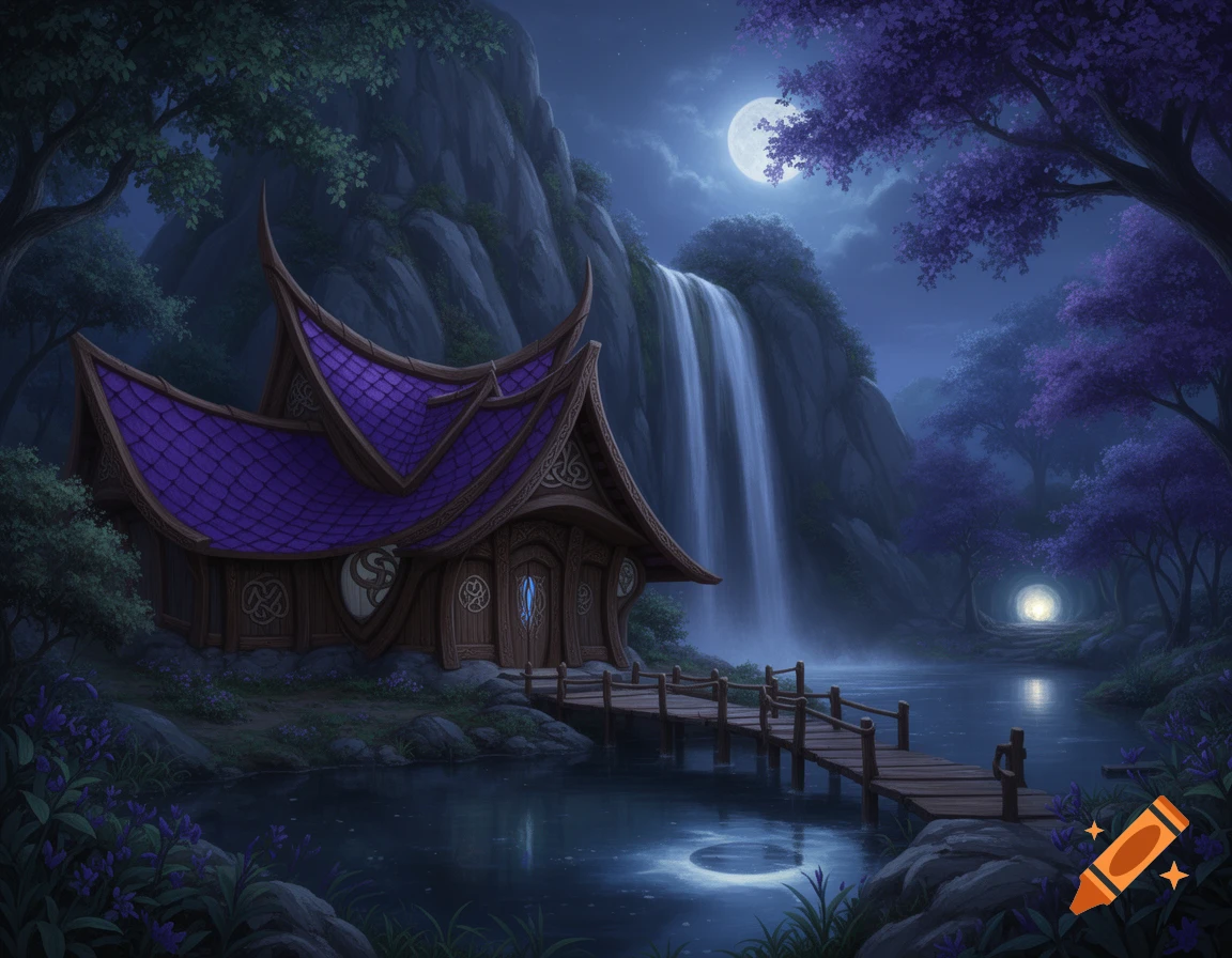A fantasy elven house with a purple roof sits by a lake next to a waterfall at night under a full moon, with purple trees.