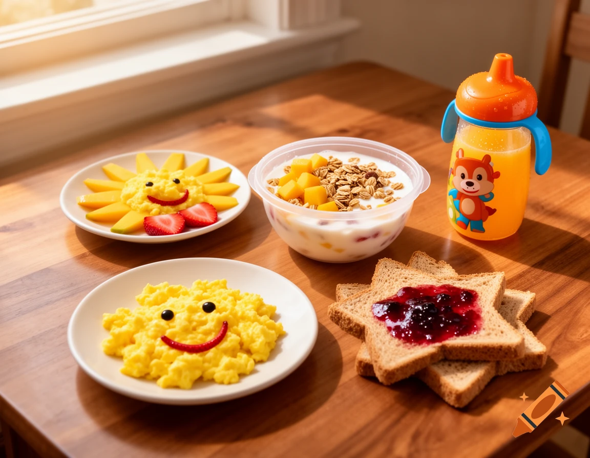 A photorealistic shot of a kid's breakfast on a wooden table, featuring smiley face scrambled eggs, mango, yogurt, and jam toast.