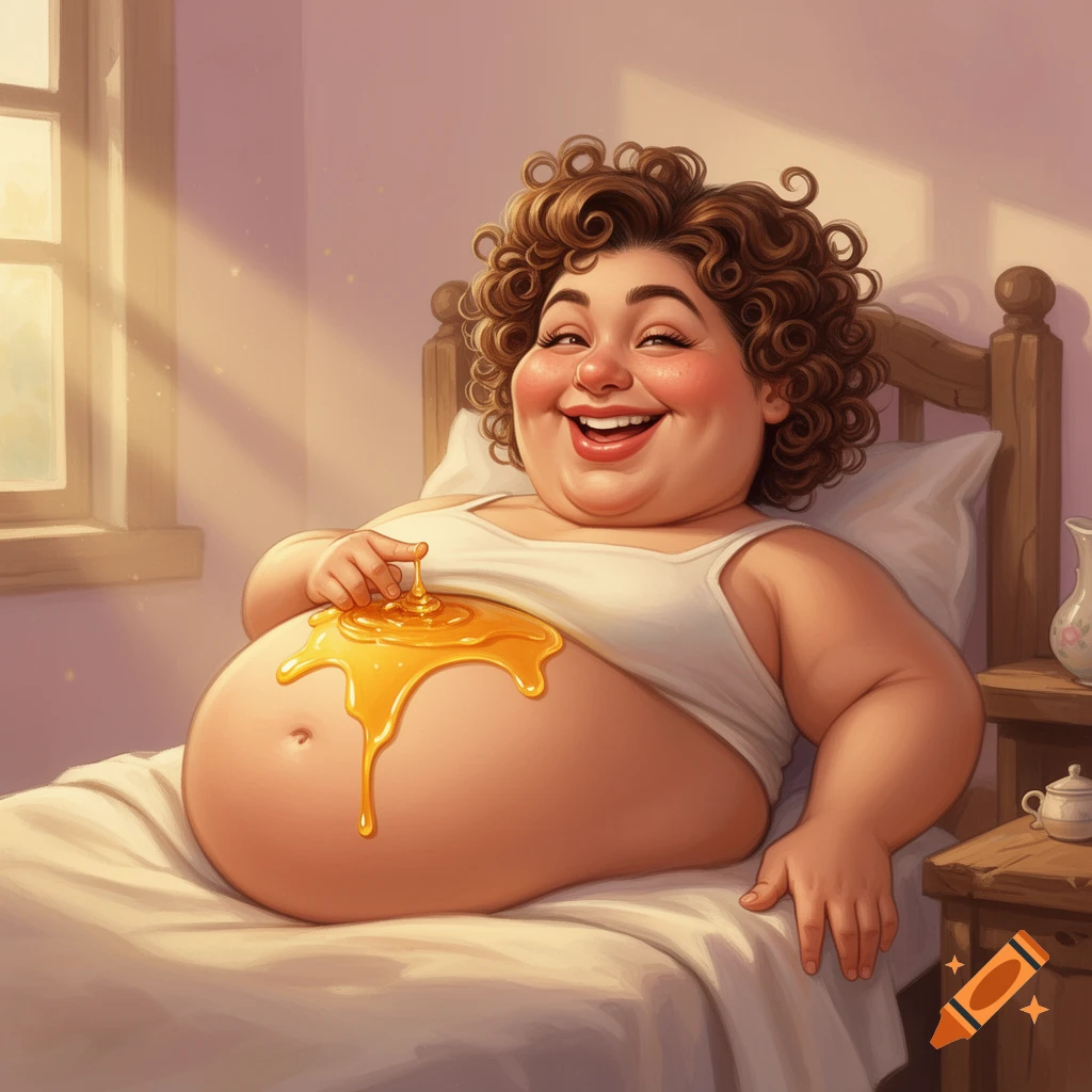 A smiling, overweight woman with curly hair lies in bed, touching honey dripping on her belly, in a caricature style.
