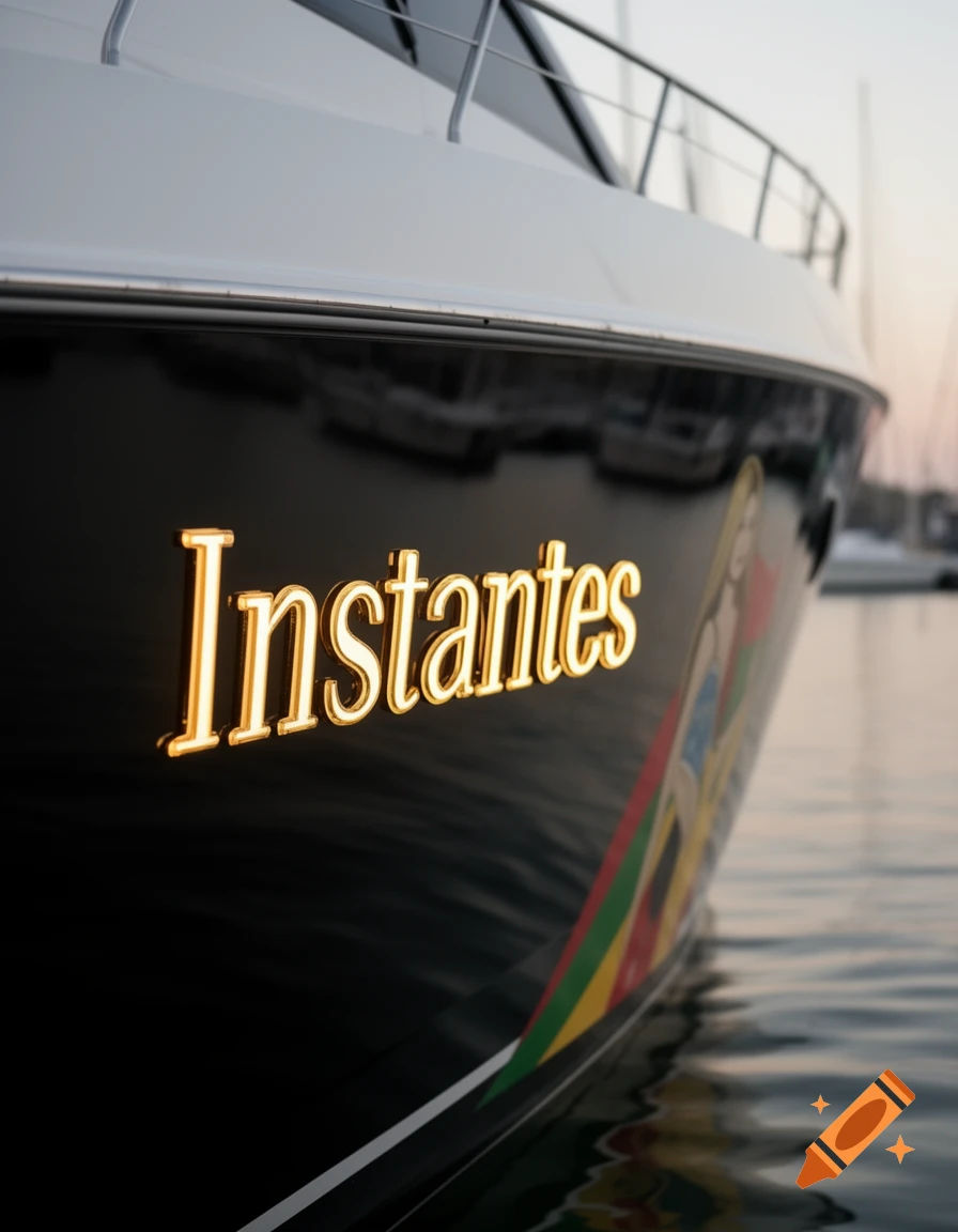 Close-up of a boat's black hull with 'Instantes' in golden letters, a colorful stripe, and reflections in the water.