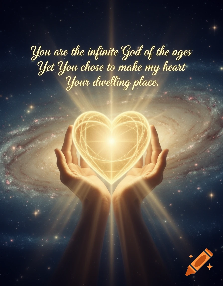 Hands cradle a glowing heart against a starry cosmic galaxy background with spiritual text.