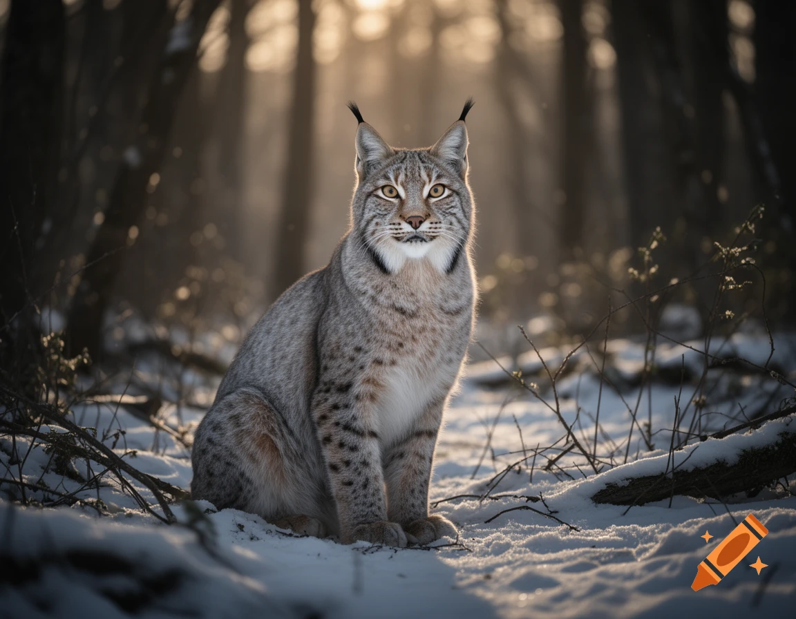 A photorealistic image of a Eurasian lynx sitting in a snowy forest, bathed in warm sunlight.