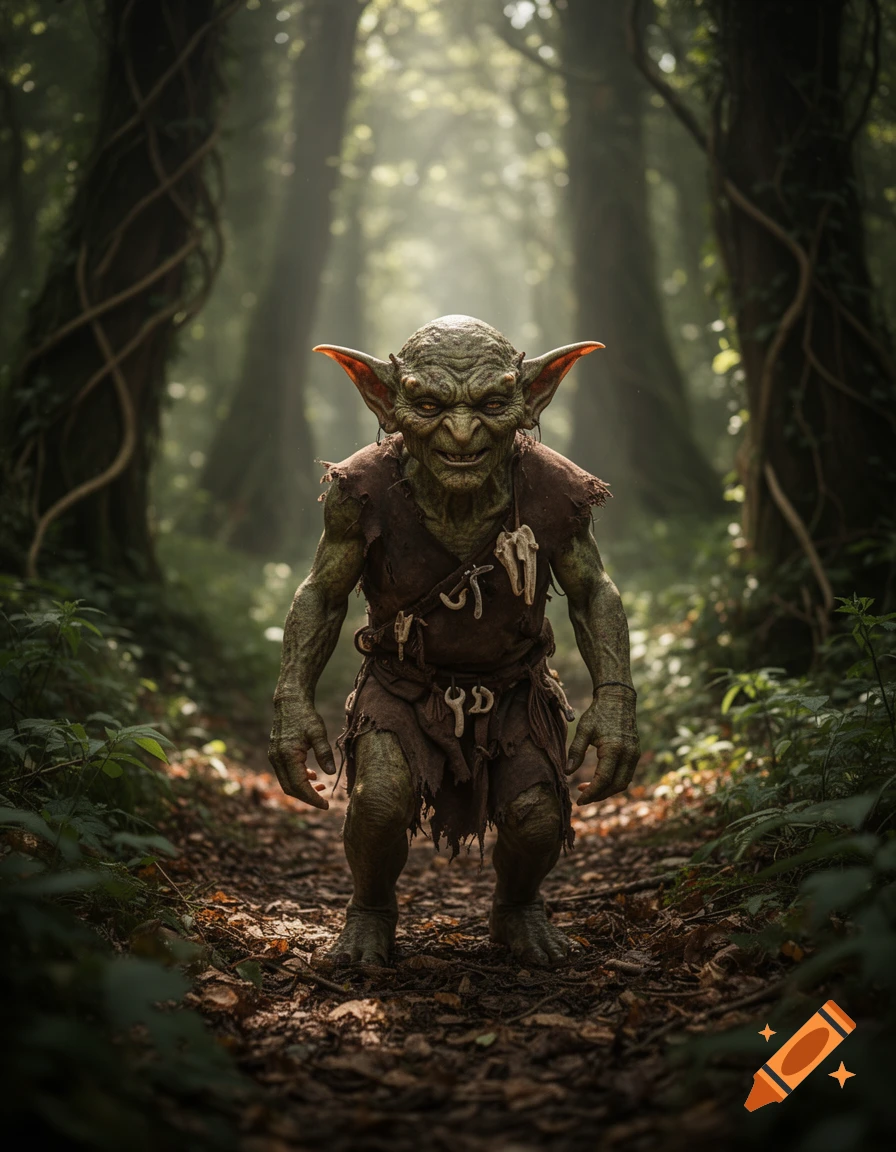A photorealistic hobgoblin with green skin and pointed ears stands on a forest path, looking forward with a grim expression, sunlight filters through the trees.