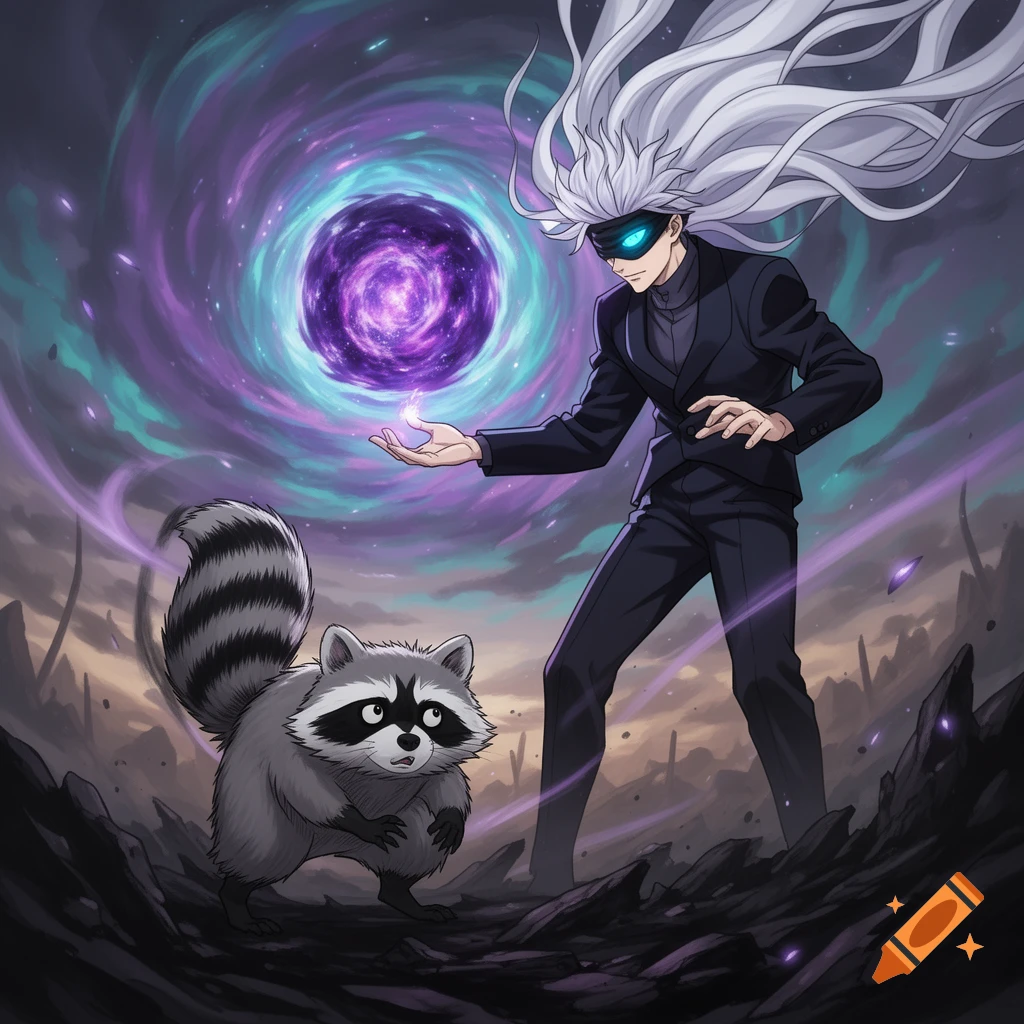 Anime character Gojo Satoru casting a purple energy spell at a surprised raccoon, with a swirling vortex background.