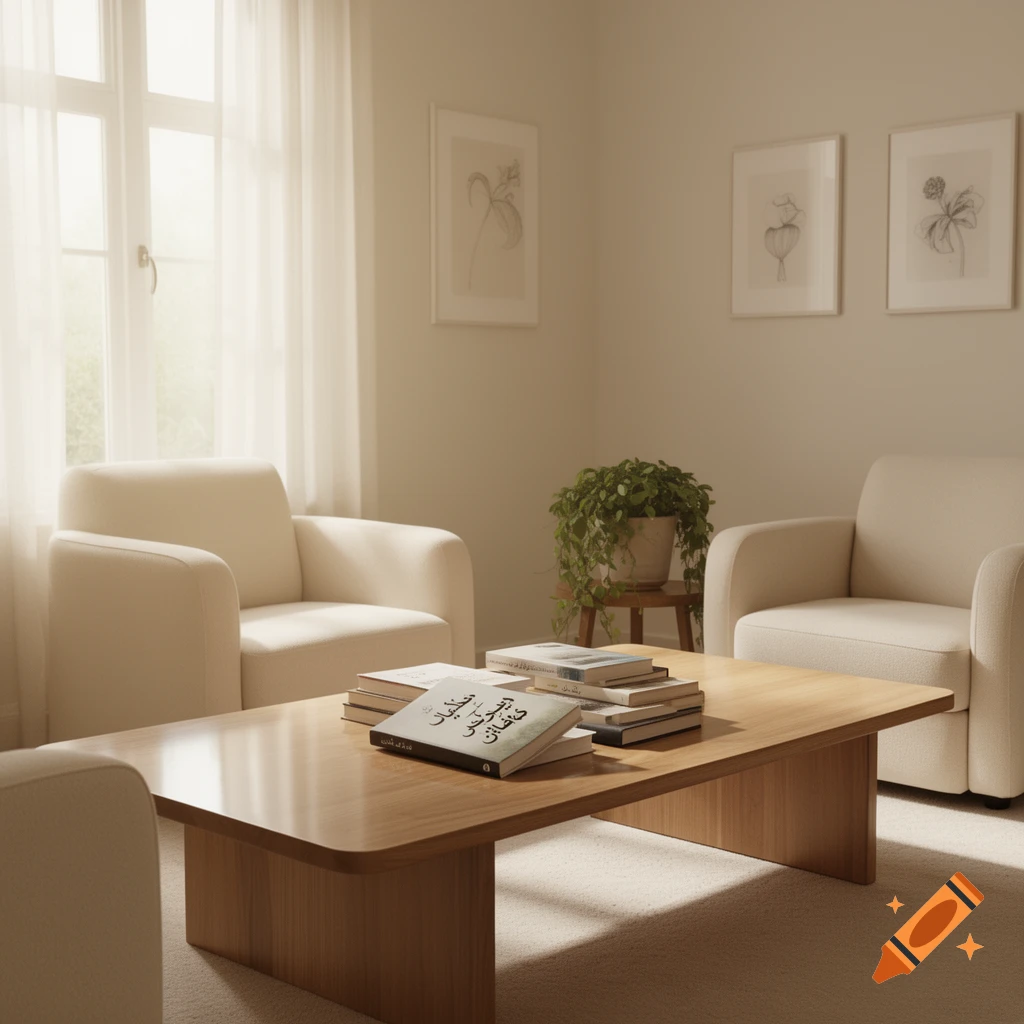 A bright, modern living room with two white armchairs, a wooden coffee table with books, a potted plant, and framed botanical art.