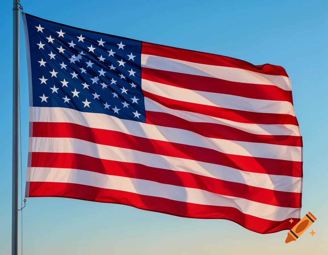 A United States flag with red and white stripes and white stars on a blue field waves against a clear blue sky.