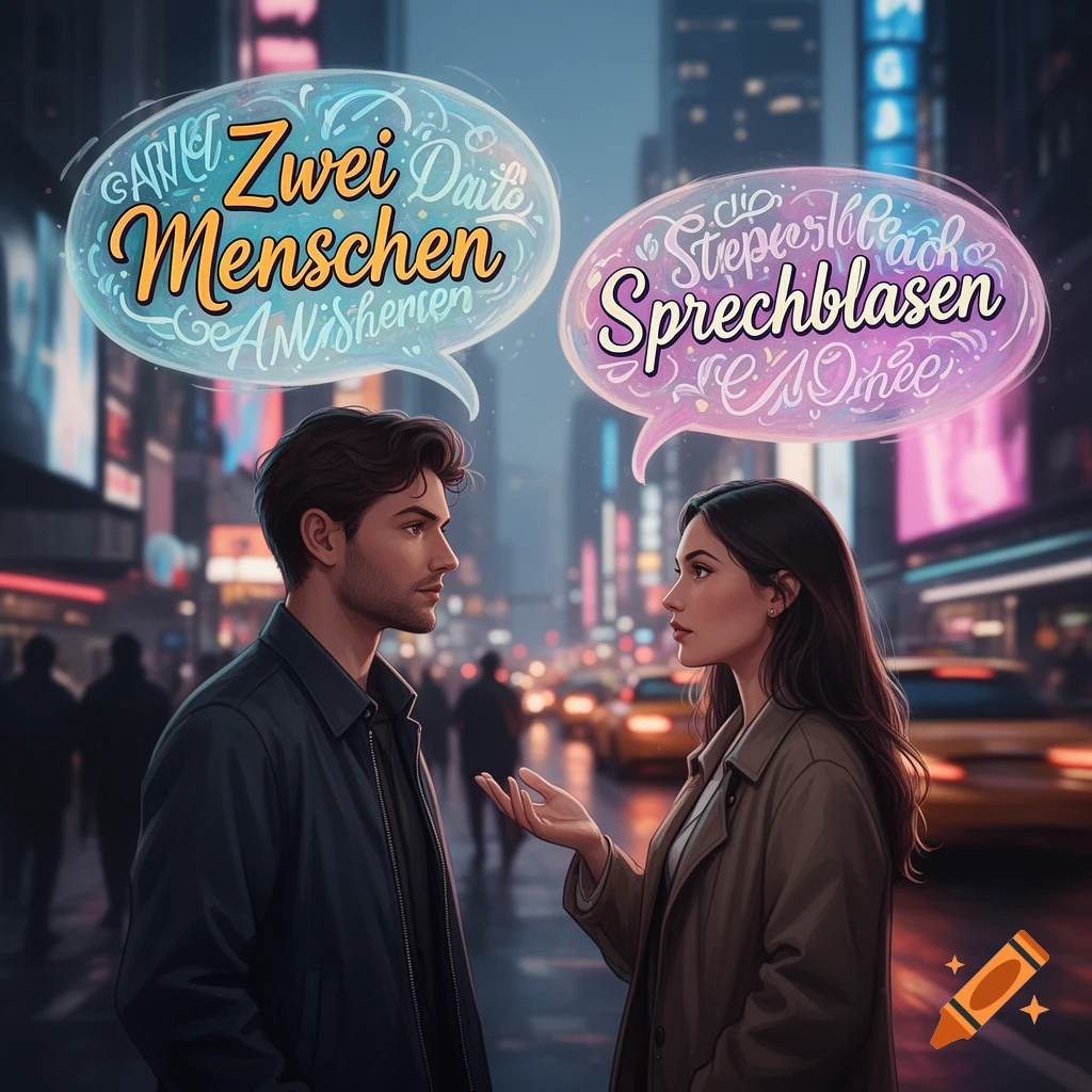 Two people, a man and a woman, stand facing each other in a bustling city street at night, with stylized speech bubbles above their heads containing German words and some gibberish.