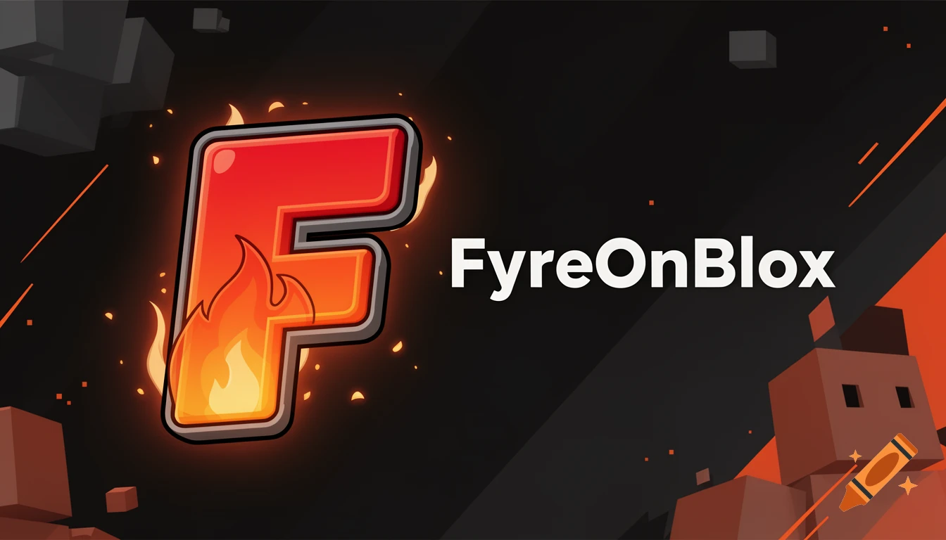 A red stylized letter 'F' with flames on a dark background with geometric shapes, next to the white text 'FyreOnBlox' in a Roblox cartoon style.