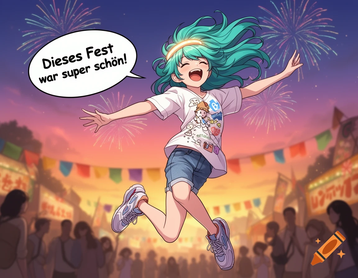 An anime girl with teal hair leaps joyfully at a vibrant festival under fireworks, with a speech bubble that reads 'Dieses Fest war super schön!'