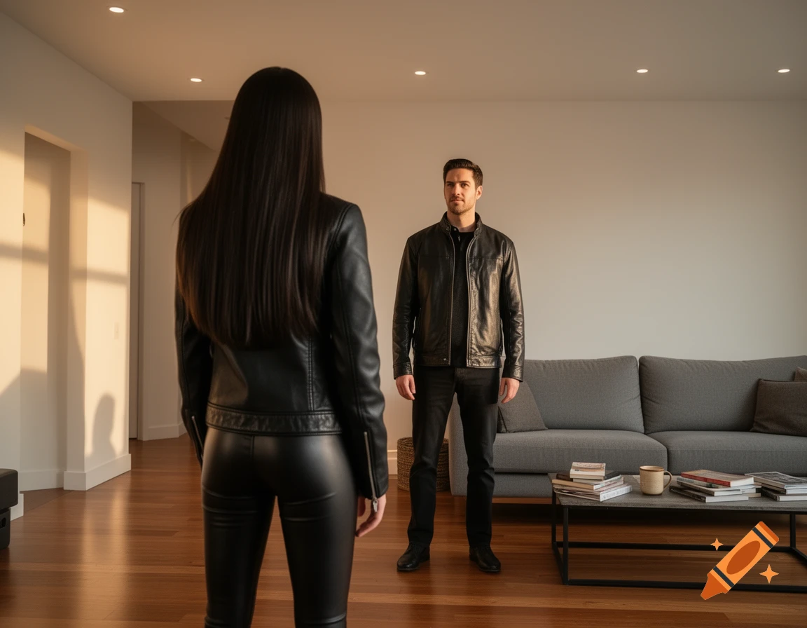 A woman in a leather outfit stands with her back to the viewer, facing a man in a leather jacket in a modern living room.