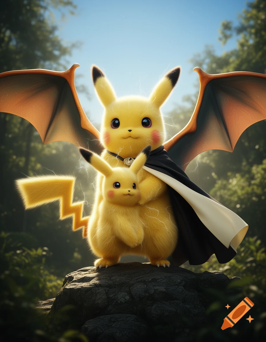 Photorealistic image of a large, fluffy winged Pikachu in a cape holding a smaller Pikachu, standing on a rock in a forest.