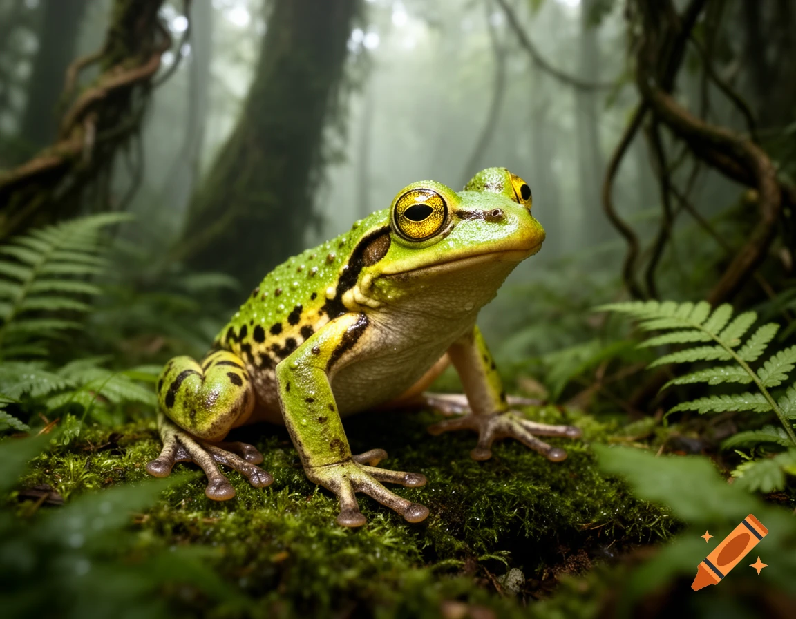 A vibrant green and black spotted frog sits on moss in a misty, lush jungle.