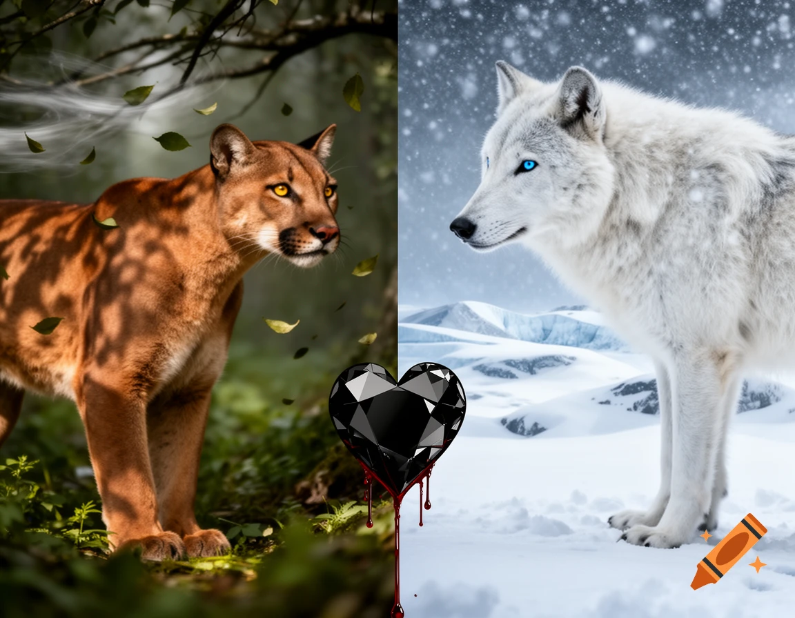 A cinnamon puma in a green forest and a white arctic wolf in a snowy tundra look at each other, separated by a black diamond heart dripping red liquid.