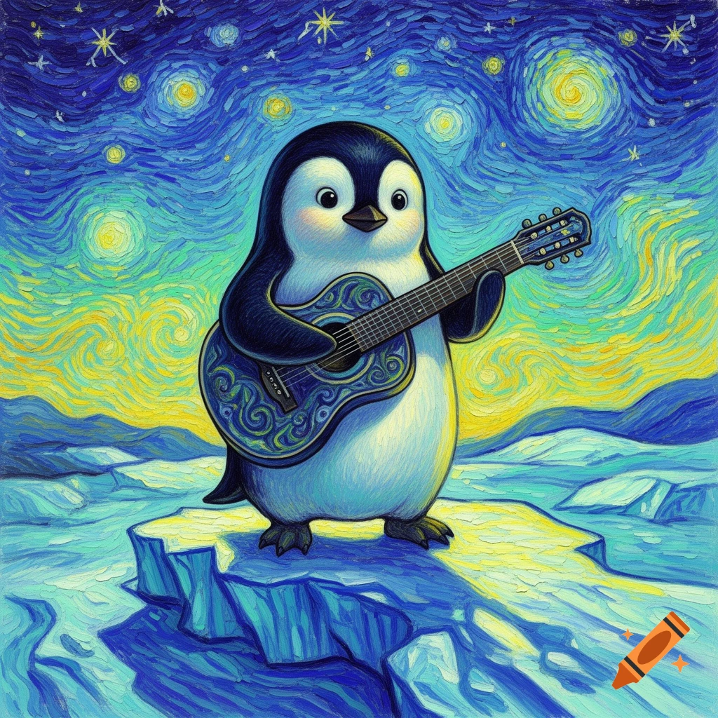 A cute penguin plays a guitar on an ice floe under a swirling starry night sky, in the style of Van Gogh.