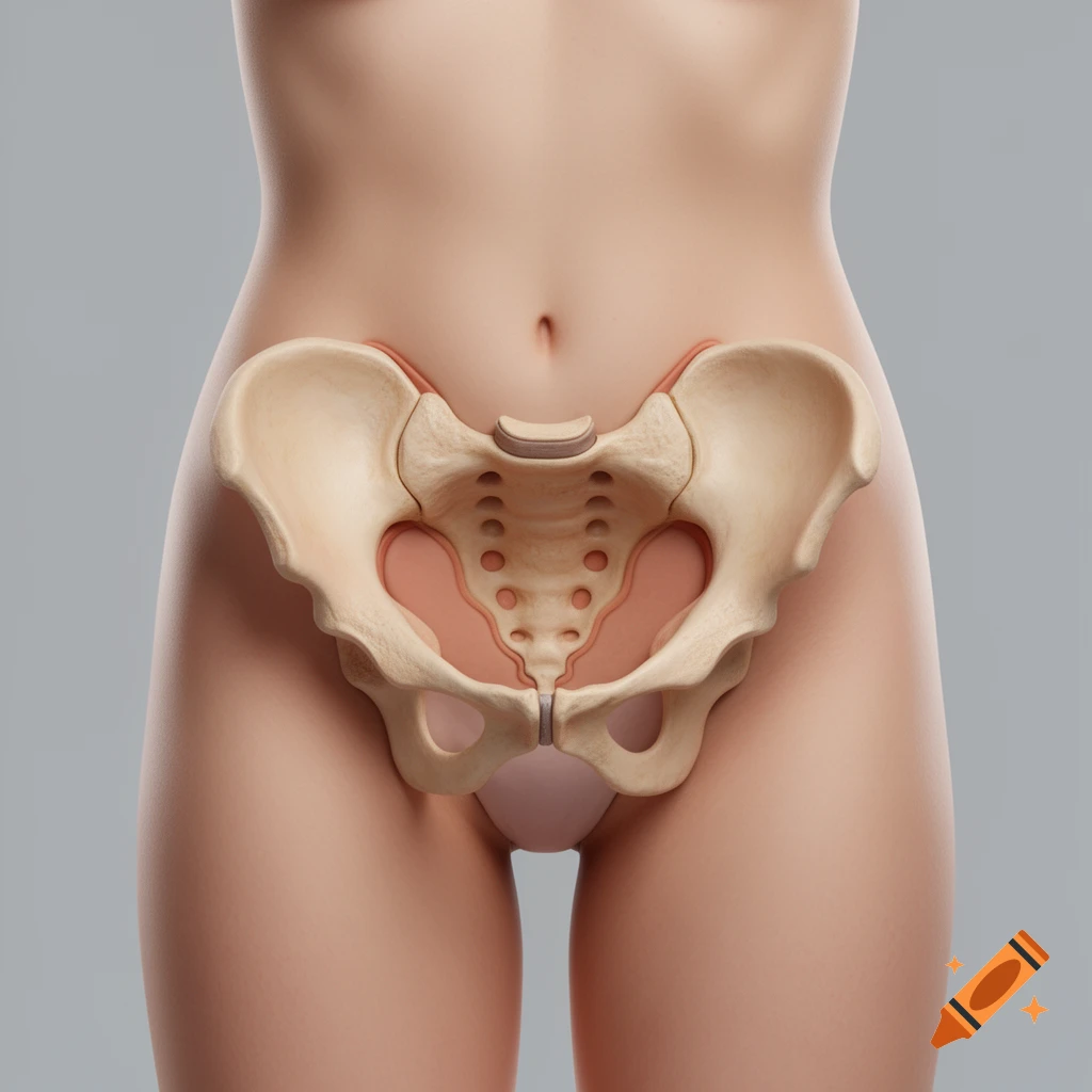 Anatomical illustration of a human pelvis and lower abdomen, depicted with exposed bone structure over skin, on a grey background.