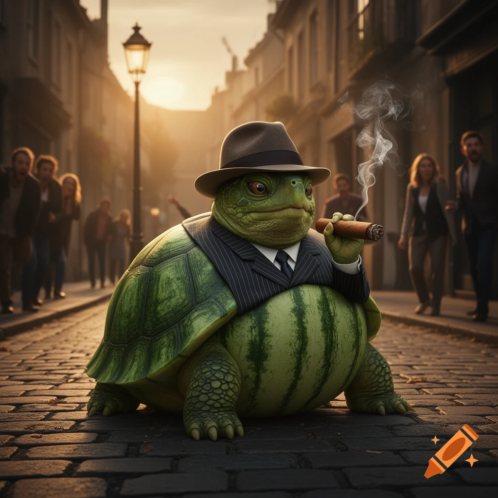 A photorealistic anthropomorphic turtle in a pinstripe suit and fedora, smoking a cigar, on a cobblestone city street at sunset.