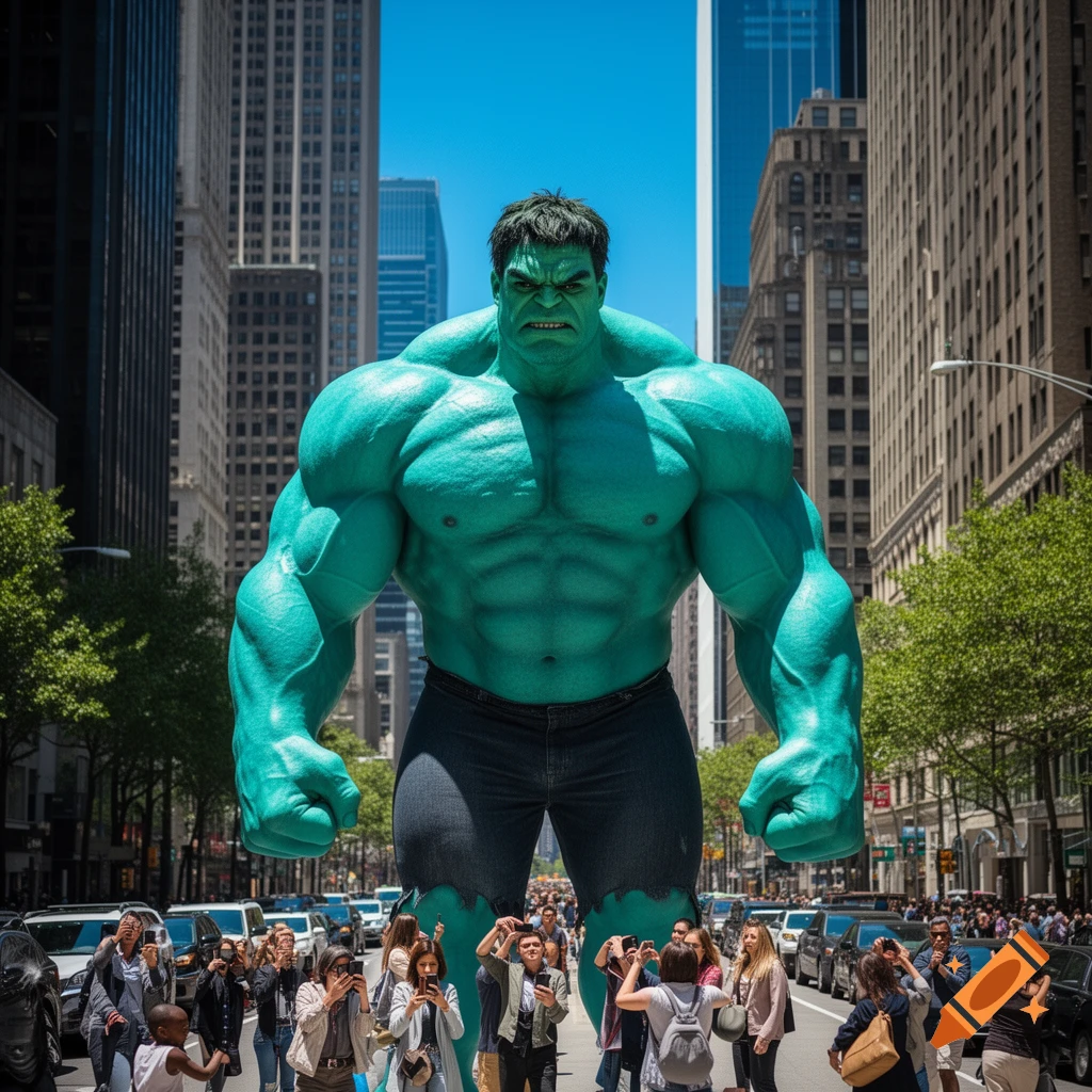 A gigantic, muscular, turquoise-cyan Hulk stands on a busy city street, towering over small crowds and cars, with skyscrapers in the background.