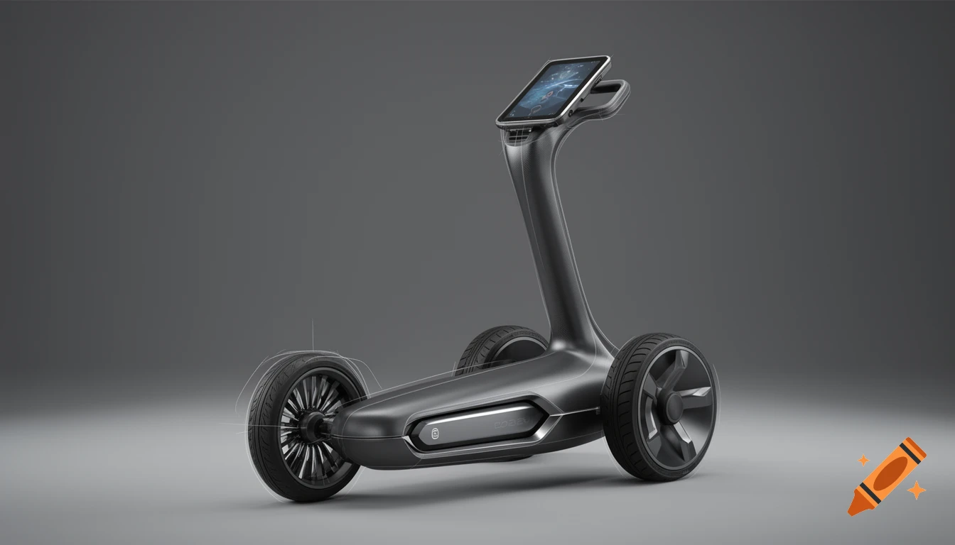 A sleek, dark grey electric golf trolley prototype with a curved frame and a digital touchscreen display. Technical sketch lines subtly overlay edges.