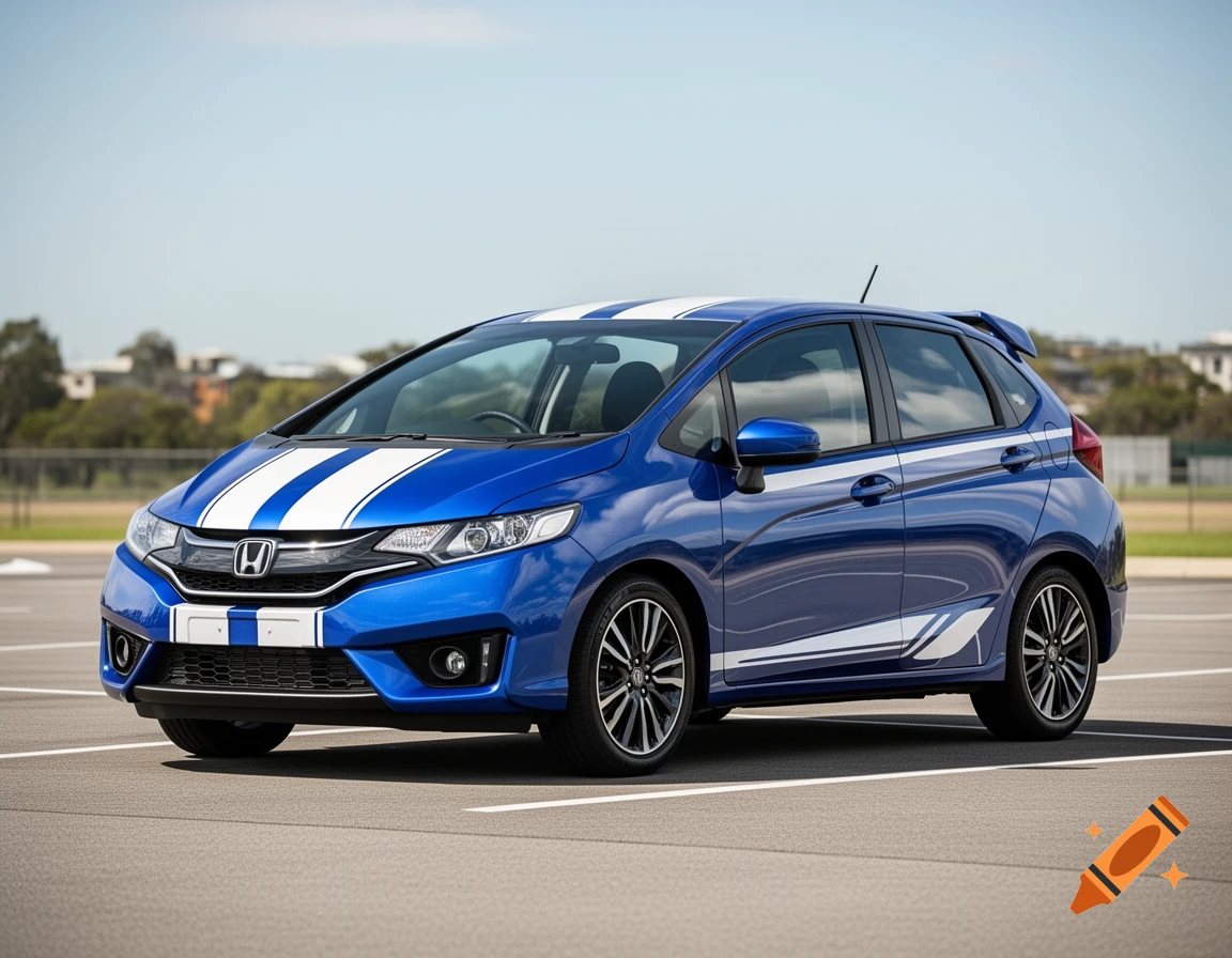 A blue Honda Jazz hatchback with white racing stripes parked on an asphalt lot under a clear sky.