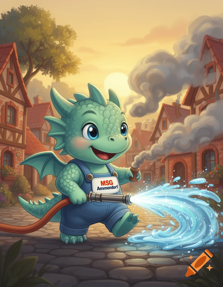 A cute green cartoon dragon in blue overalls sprays water from a hose on a village street at sunset.