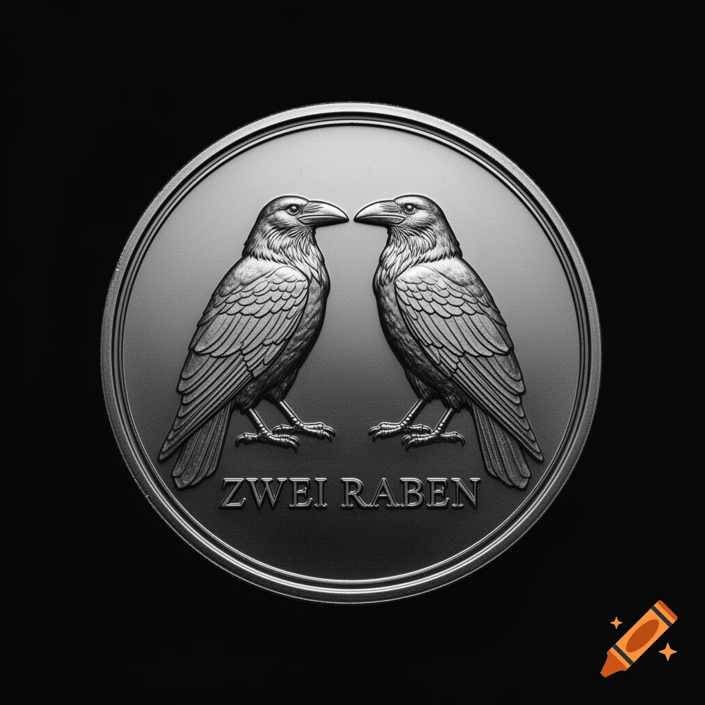 A metallic coin relief featuring two ravens facing each other, with the text "ZWEI RABEN" below them.