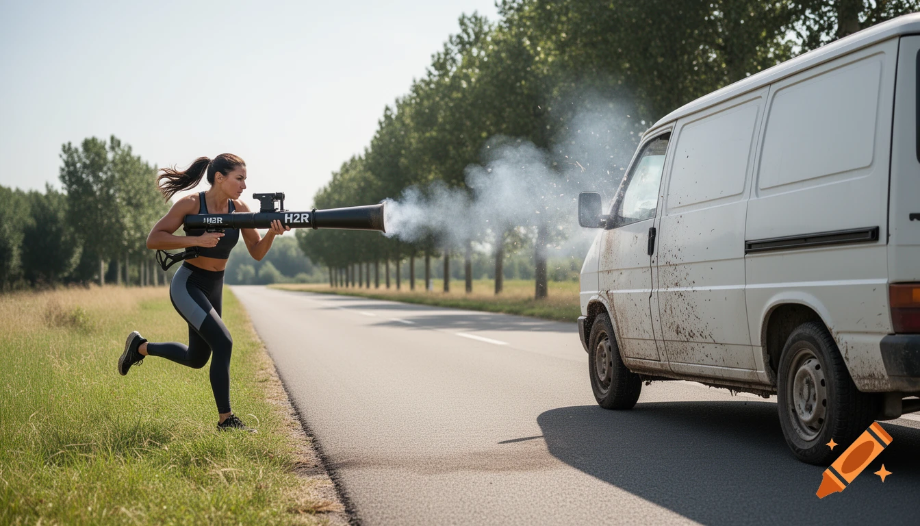 A woman in athletic wear runs alongside a road, firing a large bazooka-like weapon with 'H2R' branding at a dirty white van.