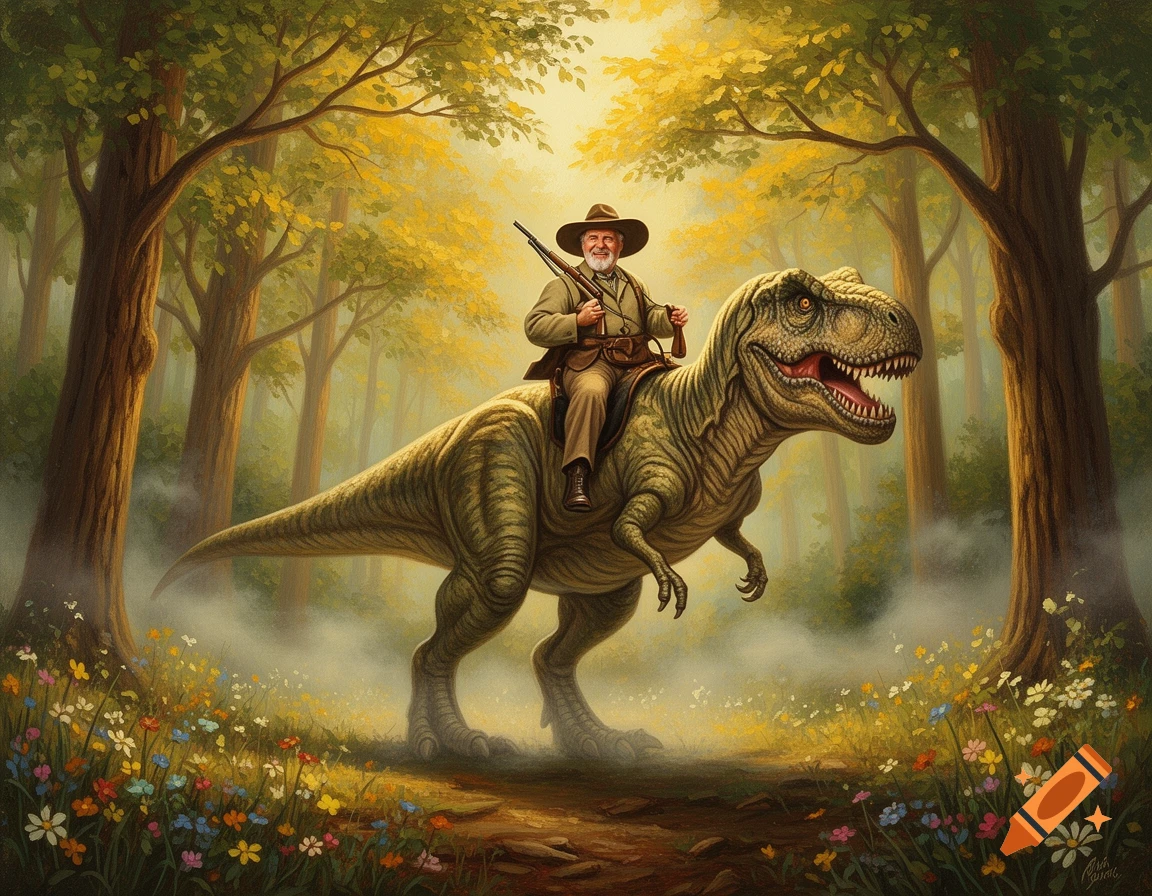 A man resembling Teddy Roosevelt rides a Tyrannosaurus Rex through a misty, colorful forest in a painterly style.
