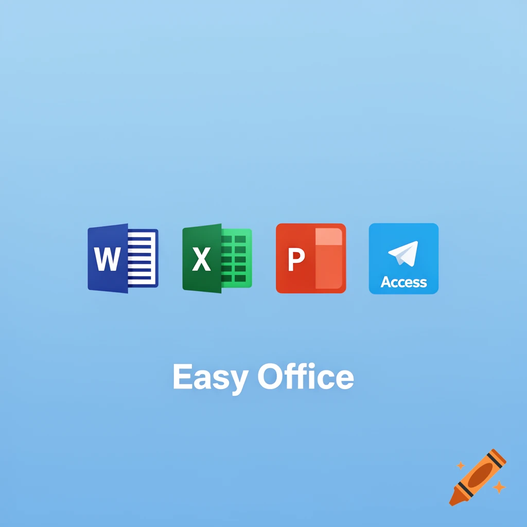Four flat, minimalist icons for Word, Excel, PowerPoint, and Access software, arranged in a row over a light blue gradient background, with the text "Easy Office" below them.