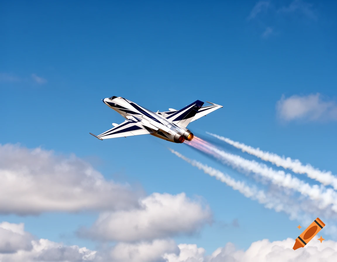 A white and blue jet plane with glowing engines flies through a bright blue sky, leaving white contrails behind it.