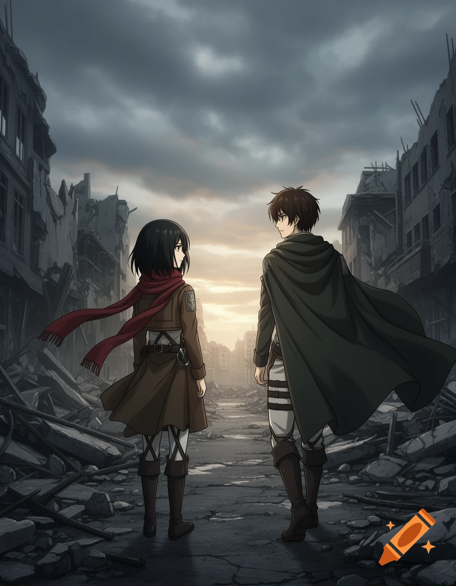An anime man with a dark cloak walks away from a woman with a red scarf, both in a destroyed city at sunset.