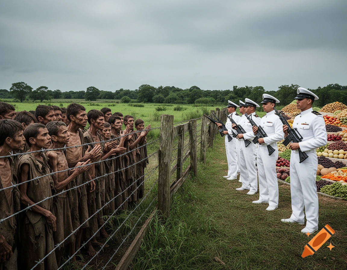 Emaciated people in rags behind a barbed wire fence watch armed guards in white uniforms standing before huge piles of food in a green field.