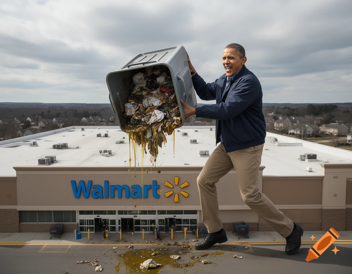 Giant Barack Obama dumps a trash can full of rotten garbage onto a Walmart building in a surreal, photorealistic scene.