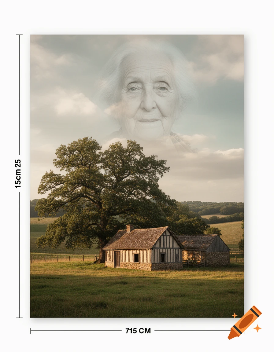 A rustic old farmhouse with a large tree in a green field under a cloudy sky, with the ghostly, semi-transparent face of an old woman floating in the upper sky, photorealistic style.