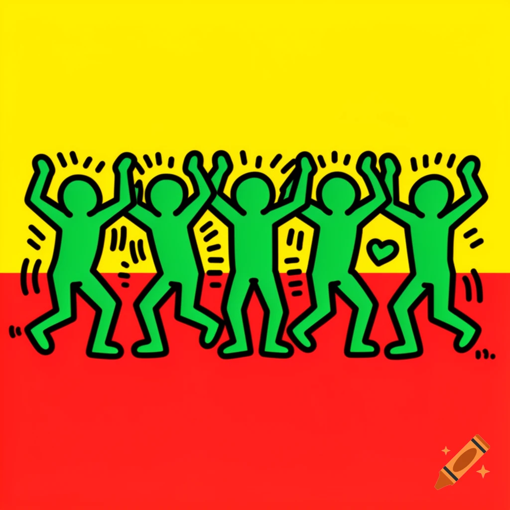 Five green stick figures with raised arms and one with a heart symbol, dance on a split yellow and red background, in the style of Keith Haring.