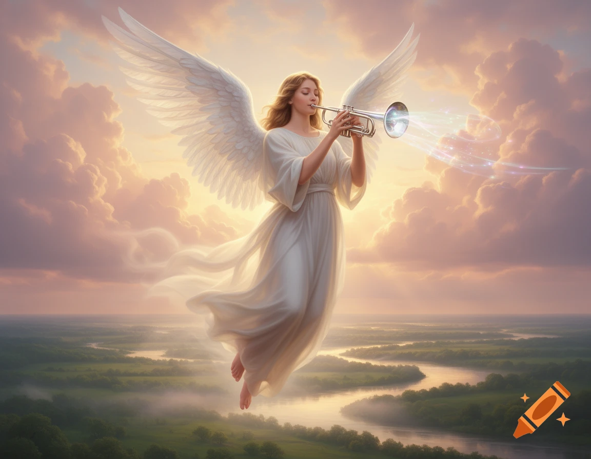 A winged angel in a white gown floats in a pastel sky above a river landscape, blowing a trumpet with glowing magical notes.