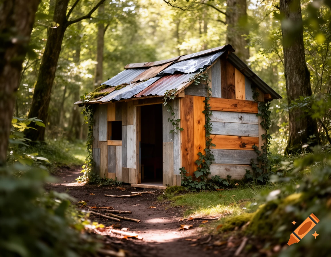 A small, rustic wooden shack with a corrugated metal roof, covered in ivy, stands on a dirt path in a lush, sunlit forest.