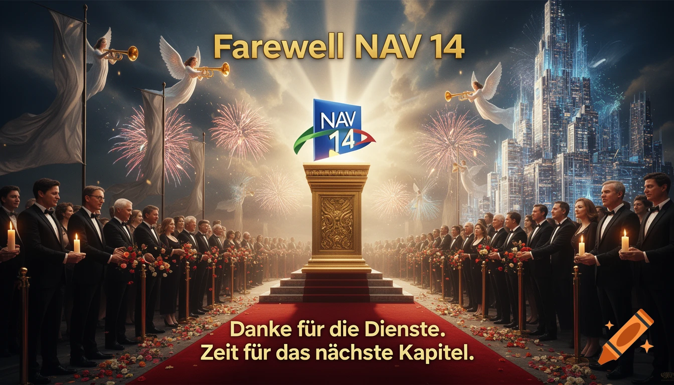 An epic, over-the-top farewell ceremony with a NAV 14 logo on a golden pedestal, flanked by people in tuxedos holding candles, angels, fireworks, and a futuristic city skyline, with text "Farewell NAV 14" and "Danke f r die Dienste. Zeit f r das n chste Kapitel."