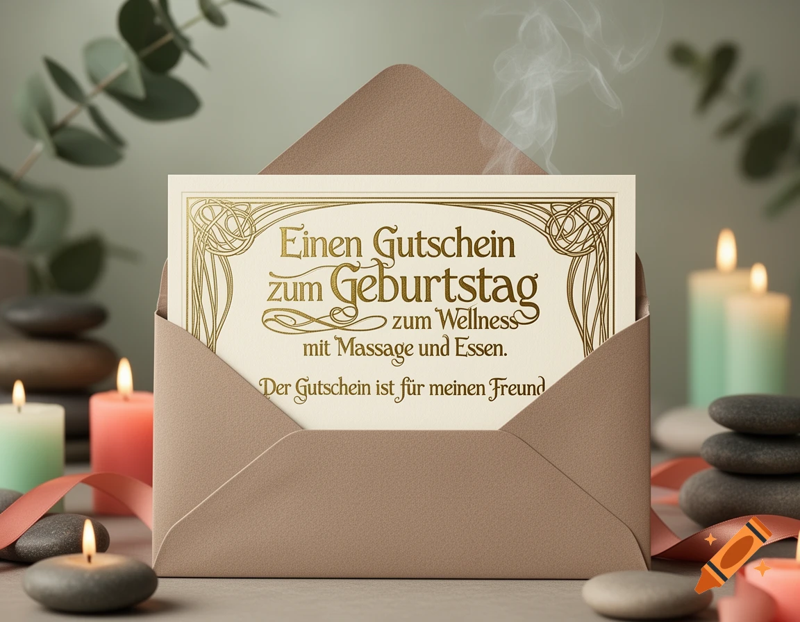 A birthday wellness voucher for massage and food in an envelope, surrounded by lit candles and spa stones.