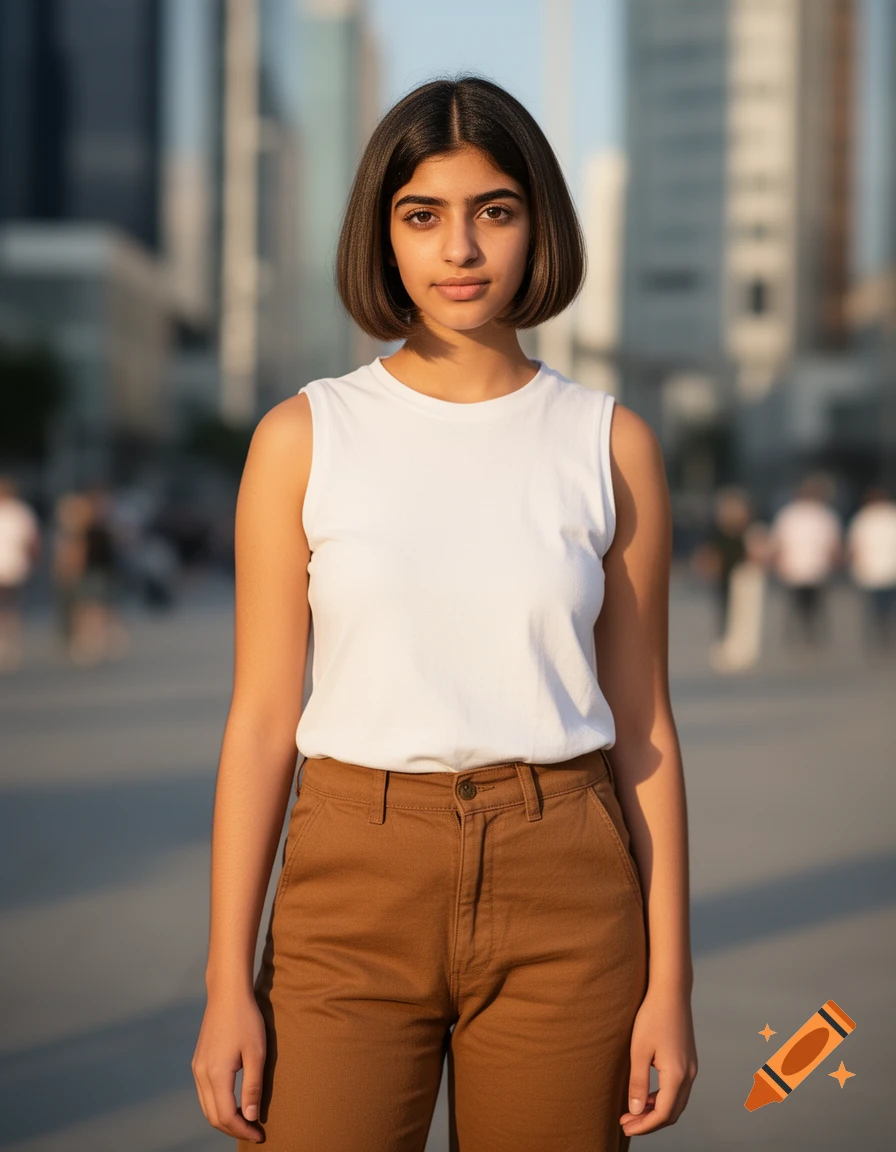 Photorealistic portrait of a young woman with a bob haircut, wearing a sleeveless white shirt and brown canvas pants, in an urban setting.