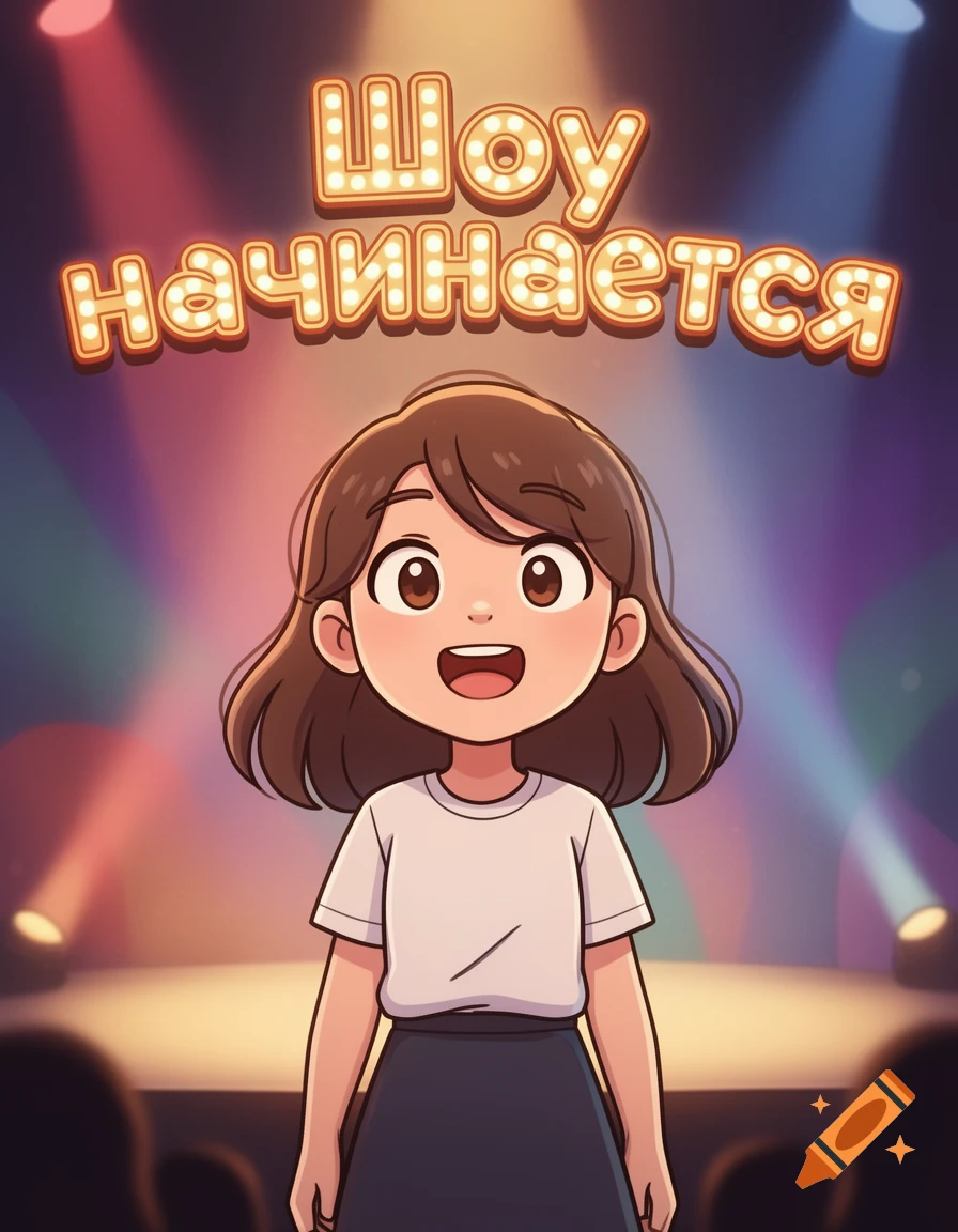 A smiling cartoon girl with brown hair stands on a brightly lit stage under the glowing text "Шоу начинается" (The show begins).