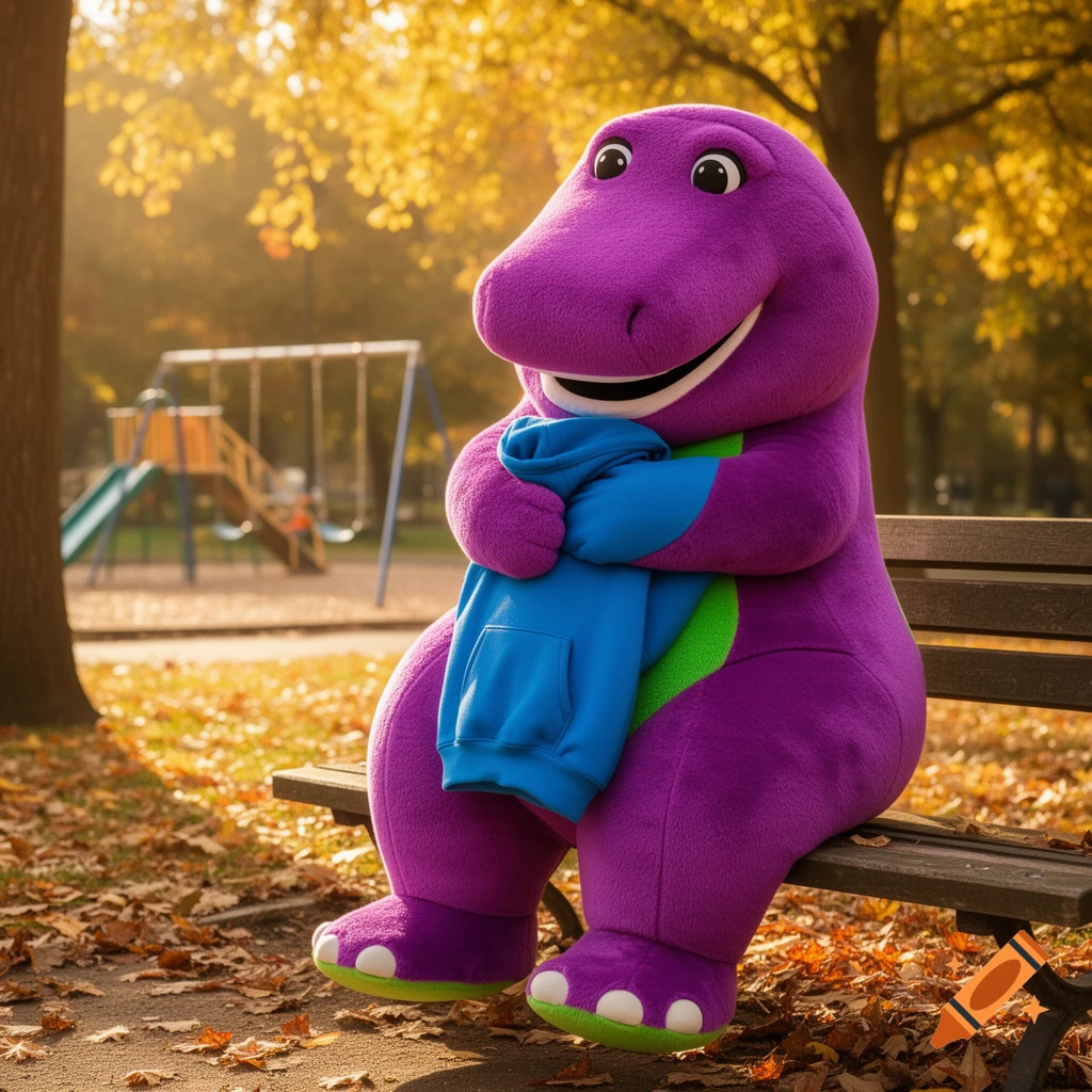 Barney the dinosaur sits on a park bench, hugging a blue hoodie, amidst autumn leaves with a playground behind him.