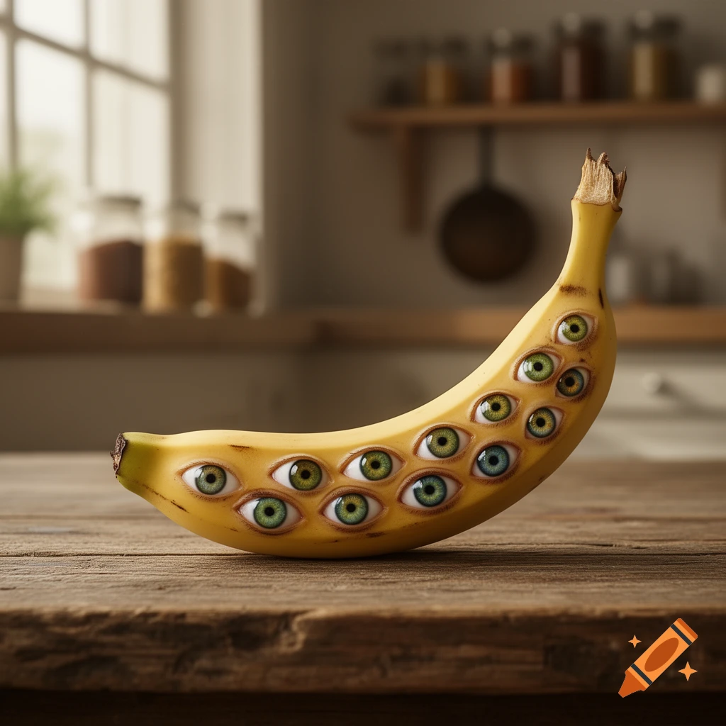 A yellow banana covered in many green and blue eyes sits on a wooden kitchen table, bathed in natural light.