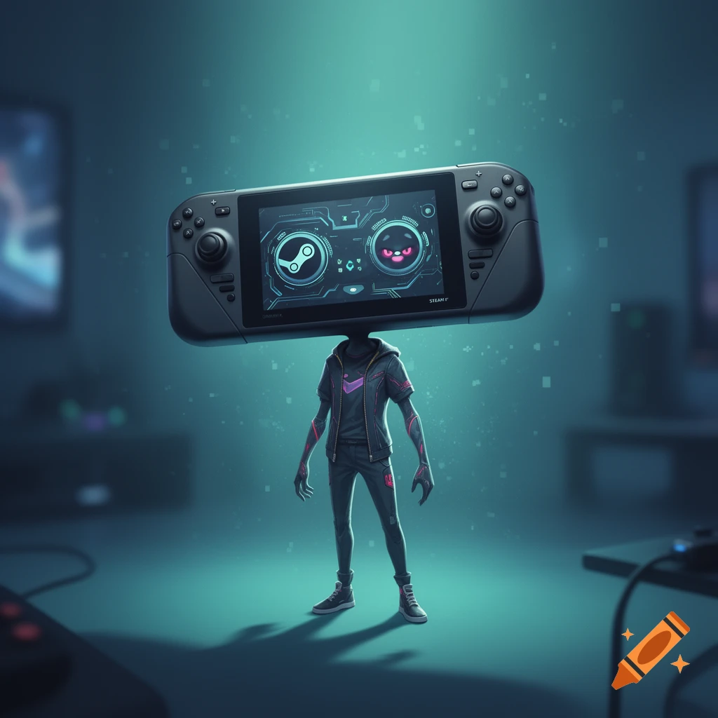 A humanoid character with a Valve Steam Deck console as its head stands in a teal-lit gaming room. The Steam Deck screen displays UI elements including a Steam logo.