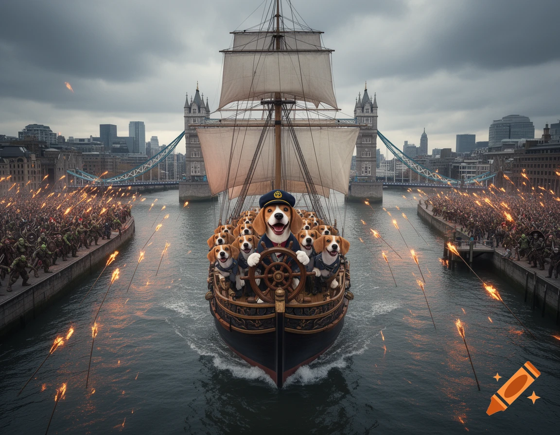 A ship of happy beagles, led by a captain beagle, sails down a London river past Tower Bridge as armies on the banks fire flaming arrows.