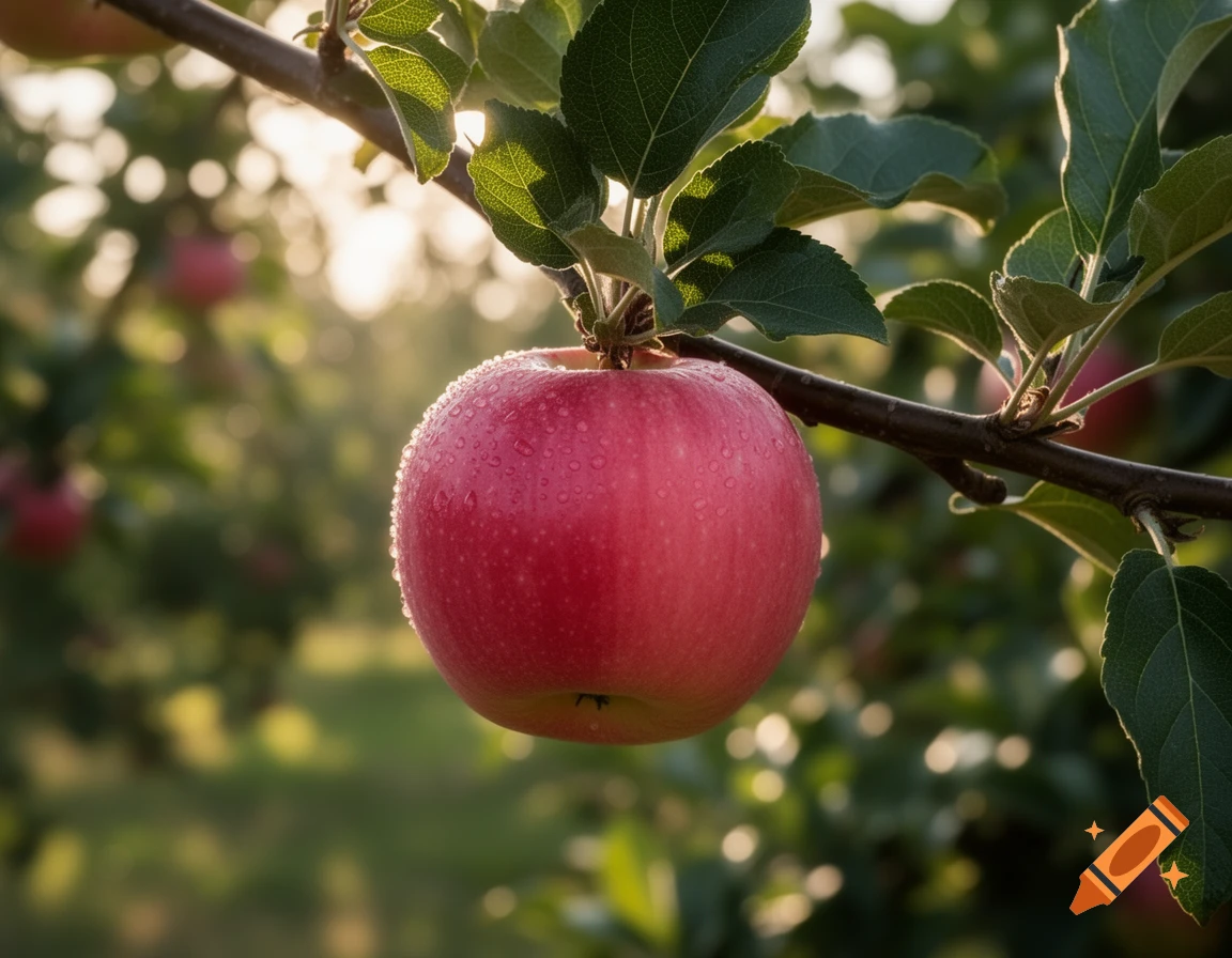 A close-up of a vibrant red apple covered in water droplets, hanging from a branch, with dappled sunlight in the background.